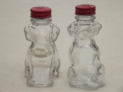 photo of vintage glass dogs salt & pepper shakers, glass S&P shaker jars w/ metal lids #3