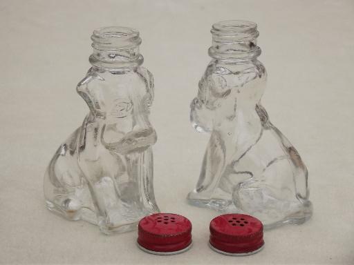 photo of vintage glass dogs salt & pepper shakers, glass S&P shaker jars w/ metal lids #4