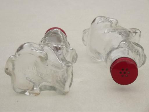 photo of vintage glass dogs salt & pepper shakers, glass S&P shaker jars w/ metal lids #5