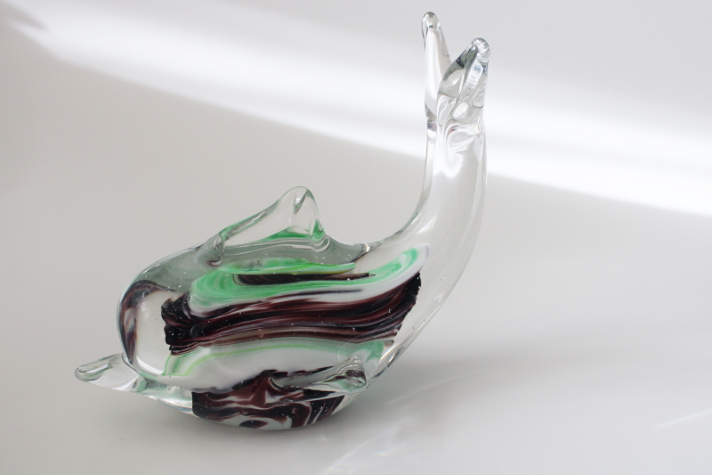 photo of vintage glass dolphin figurine or paperweight, green and purple color inside clear glass #1