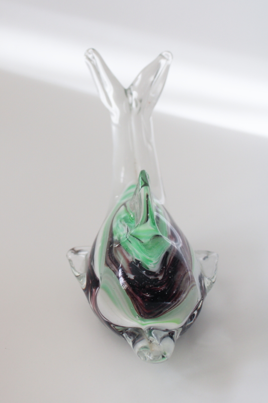 photo of vintage glass dolphin figurine or paperweight, green and purple color inside clear glass #2