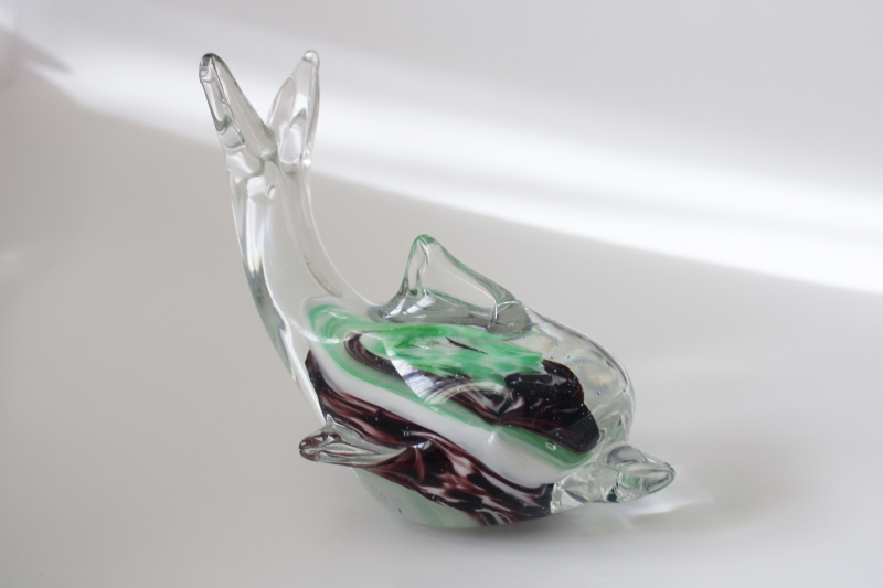 photo of vintage glass dolphin figurine or paperweight, green and purple color inside clear glass #3