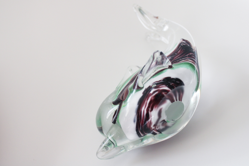 photo of vintage glass dolphin figurine or paperweight, green and purple color inside clear glass #4