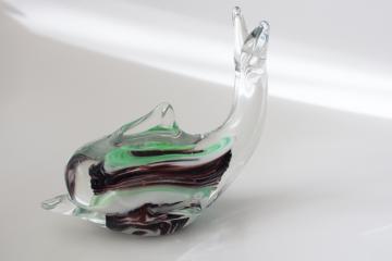 vintage glass dolphin figurine or paperweight, green and purple color inside clear glass