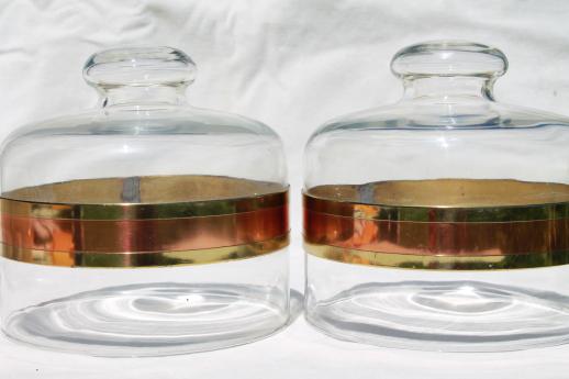 photo of vintage glass dome cheese covers w/ copper and brass bands, made in Spain or Portugal #1