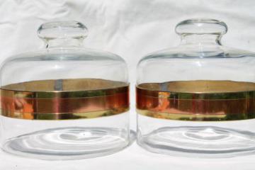 catalog photo of vintage glass dome cheese covers w/ copper and brass bands, made in Spain or Portugal