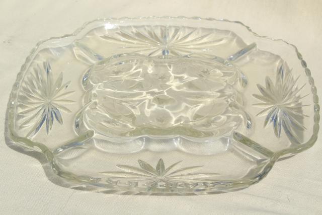 photo of vintage glass egg plate, crystal clear square tray w/ pressed star pattern glass #1