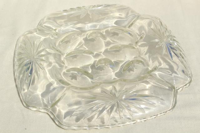 photo of vintage glass egg plate, crystal clear square tray w/ pressed star pattern glass #4