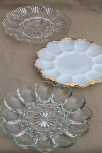 photo of vintage glass egg plates, clear glass deviled egg trays, milk glass divided egg plate #1