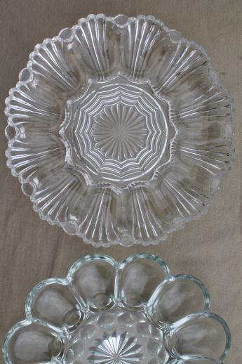 photo of vintage glass egg plates, clear glass deviled egg trays, milk glass divided egg plate #2