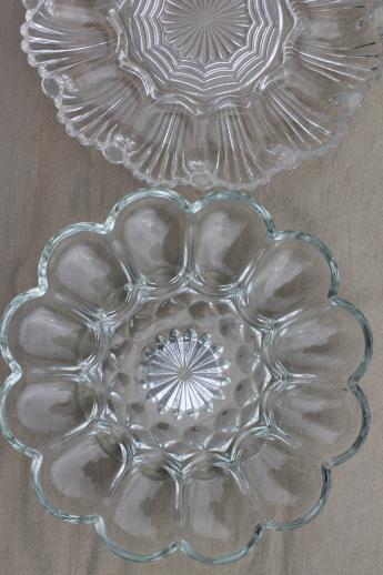 photo of vintage glass egg plates, clear glass deviled egg trays, milk glass divided egg plate #3