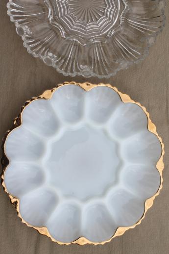 photo of vintage glass egg plates, clear glass deviled egg trays, milk glass divided egg plate #4