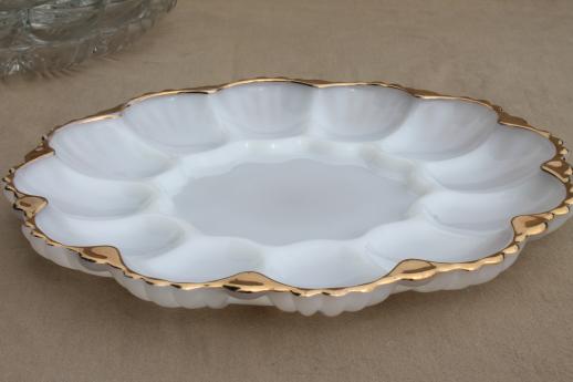 photo of vintage glass egg plates, clear glass deviled egg trays, milk glass divided egg plate #7