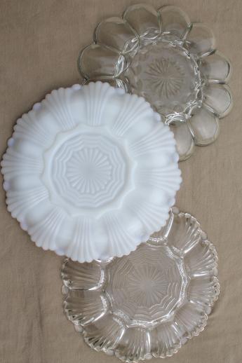 photo of vintage glass egg plates, clear glass deviled egg trays, milk glass divided egg plate #8