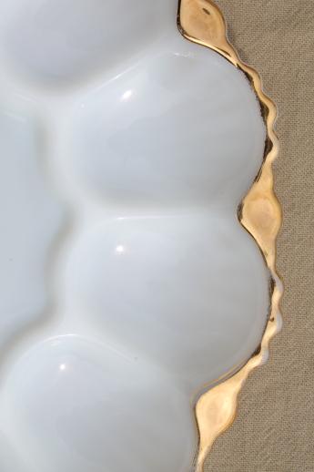 photo of vintage glass egg plates, clear glass deviled egg trays, milk glass divided egg plate #9