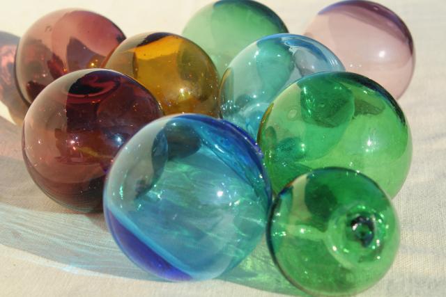 photo of vintage glass fishing net floats, hand blown glass balls, blue green amber amethyst colored glass #1