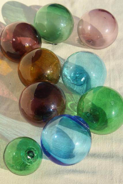 photo of vintage glass fishing net floats, hand blown glass balls, blue green amber amethyst colored glass  #5