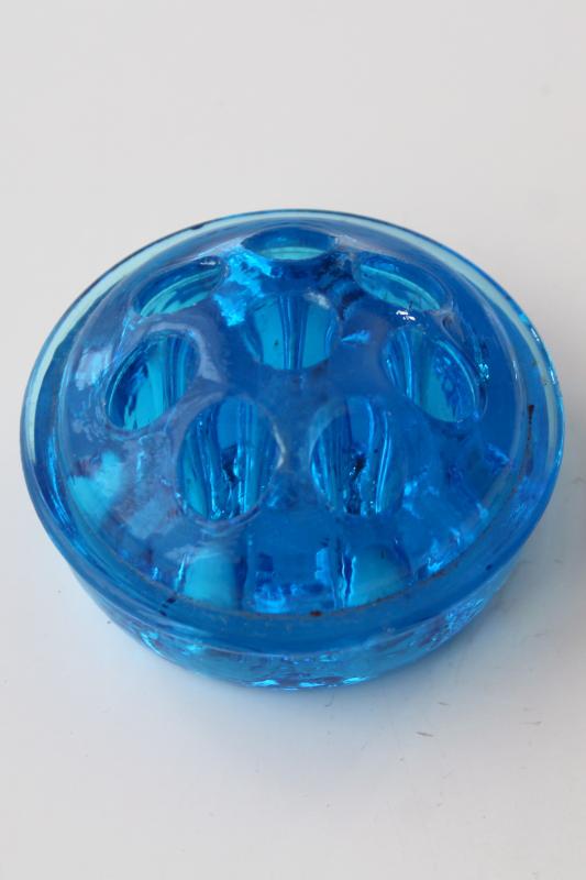 photo of vintage glass flower frog, bright blue colored glass flower holder insert #1