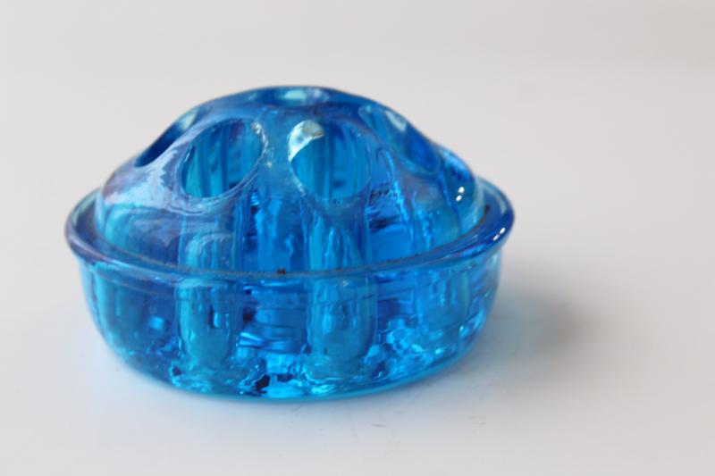 photo of vintage glass flower frog, bright blue colored glass flower holder insert #2