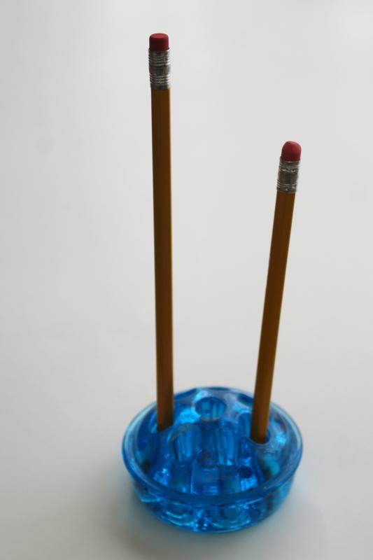 photo of vintage glass flower frog, bright blue colored glass flower holder insert #3