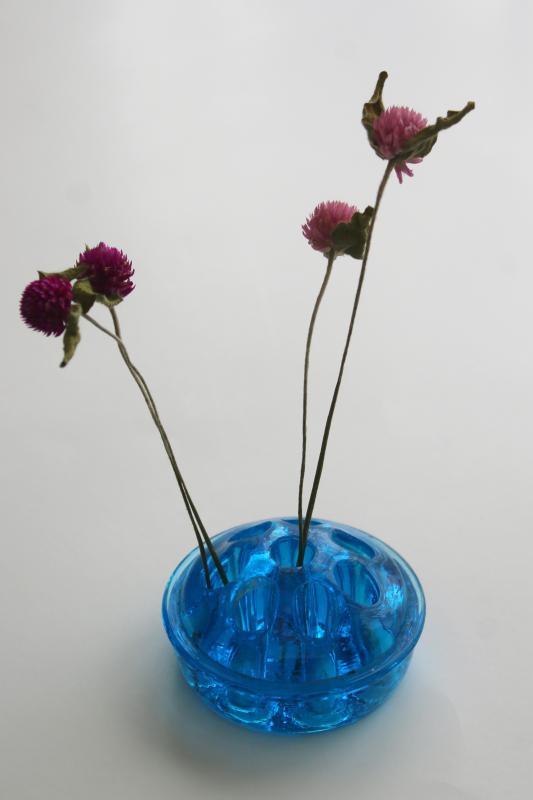 photo of vintage glass flower frog, bright blue colored glass flower holder insert #4