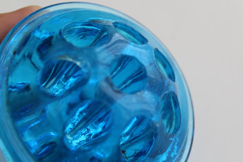 photo of vintage glass flower frog, bright blue colored glass flower holder insert #5