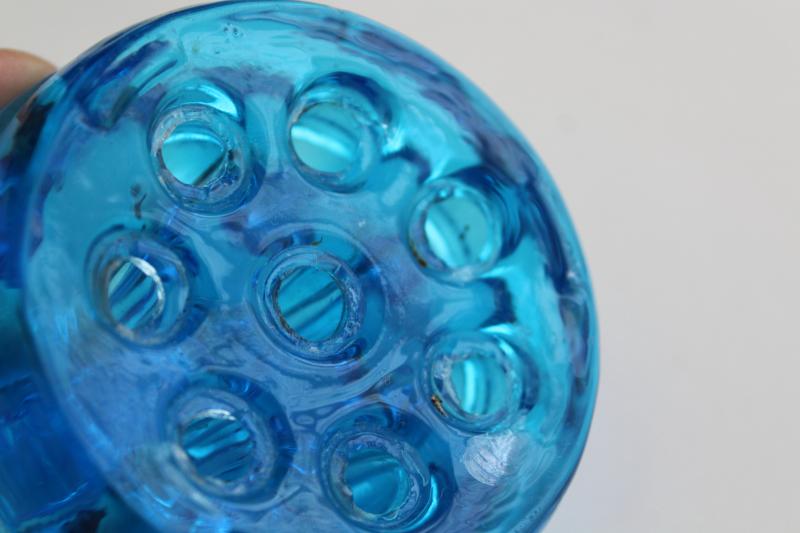 photo of vintage glass flower frog, bright blue colored glass flower holder insert #6