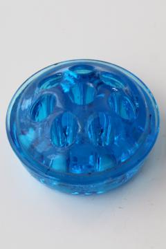catalog photo of vintage glass flower frog, bright blue colored glass flower holder insert