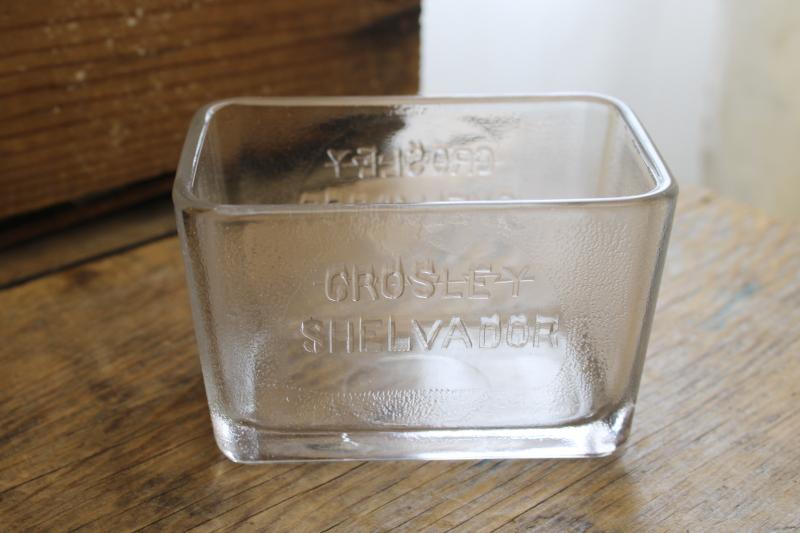 photo of vintage glass fridge box, early refrigerator advertising embossed Crosley Shelvador #1