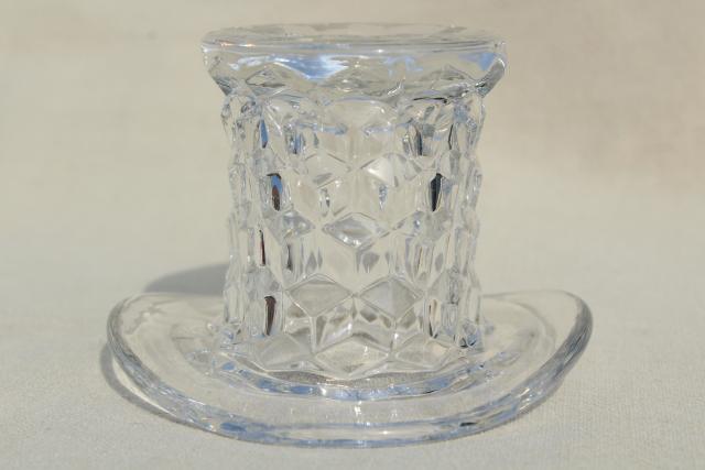 photo of vintage glass hats, top hat & flat hat Fostoria American cube pattern glass #4