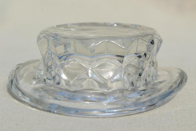 photo of vintage glass hats, top hat & flat hat Fostoria American cube pattern glass #6