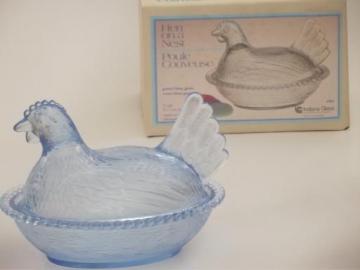 catalog photo of vintage glass hen on nest covered dish, pastel blue Indiana glass