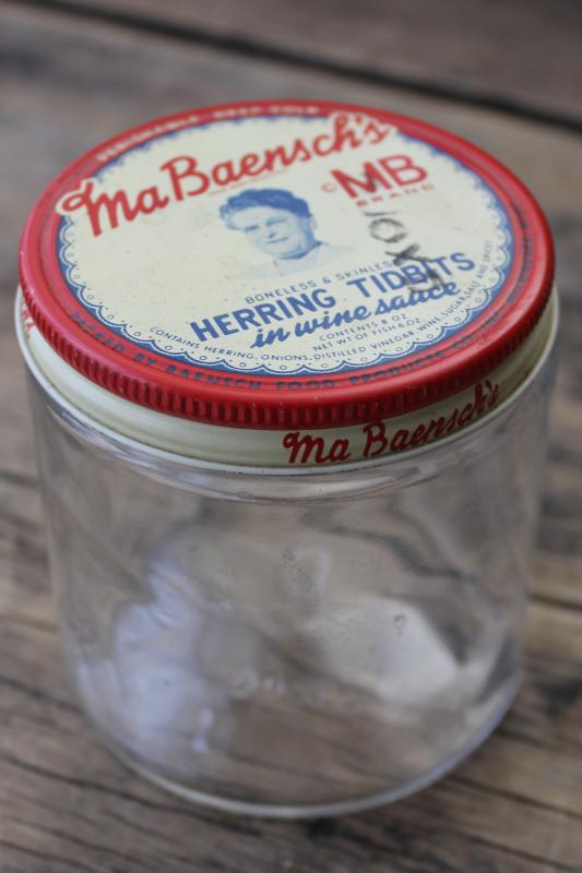 photo of vintage glass herring jar w/ original metal lid advertising Ma Bensch Milwaukee #1