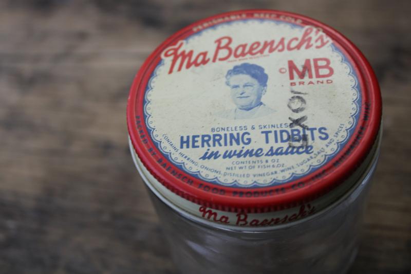photo of vintage glass herring jar w/ original metal lid advertising Ma Bensch Milwaukee #2