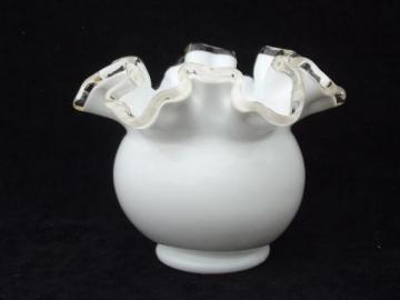 catalog photo of vintage glass ivy bowl, silver crest pure white w/ clear ruffle edge