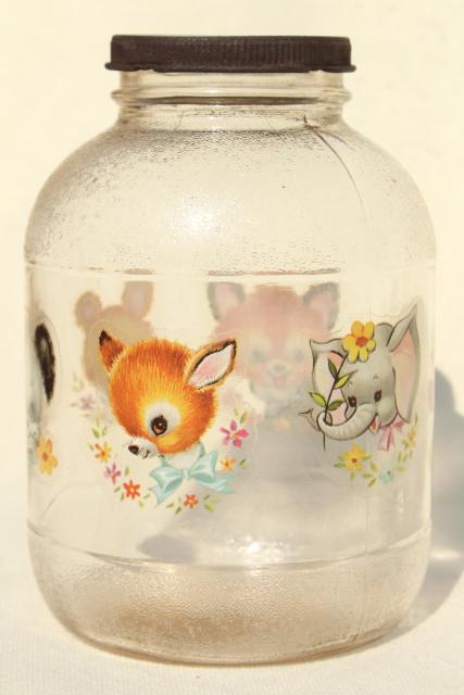 photo of vintage glass jar w/ 1950s baby animal decals, sweet old nursery decor #2