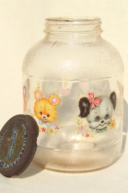 photo of vintage glass jar w/ 1950s baby animal decals, sweet old nursery decor #3