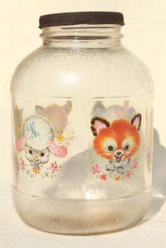 catalog photo of vintage glass jar w/ 1950s baby animal decals, sweet old nursery decor