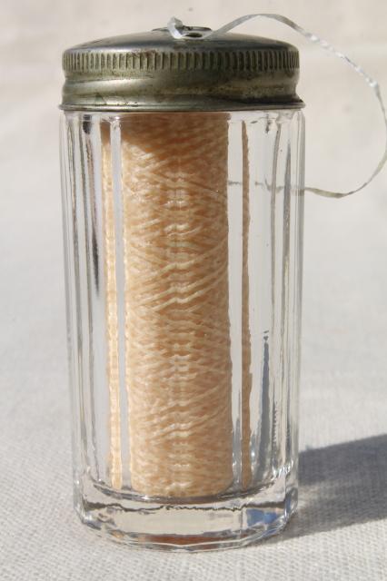 photo of vintage glass jar floss / string holder, antique vanity case bottle for fine thread #2