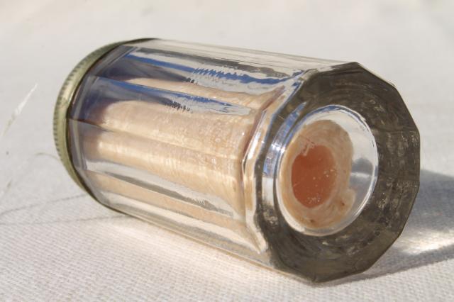 photo of vintage glass jar floss / string holder, antique vanity case bottle for fine thread #3