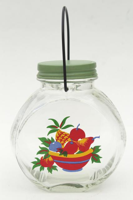 photo of vintage glass jar kitchen canister w/ wire handle, retro fruit decal, jadite green lid #1