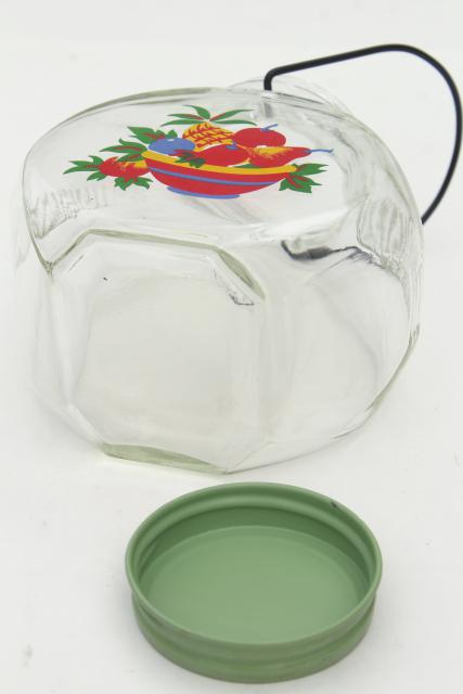 photo of vintage glass jar kitchen canister w/ wire handle, retro fruit decal, jadite green lid #2