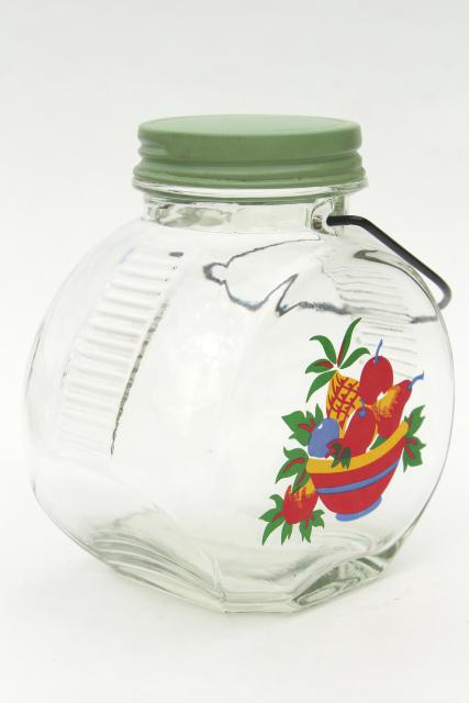 photo of vintage glass jar kitchen canister w/ wire handle, retro fruit decal, jadite green lid #4