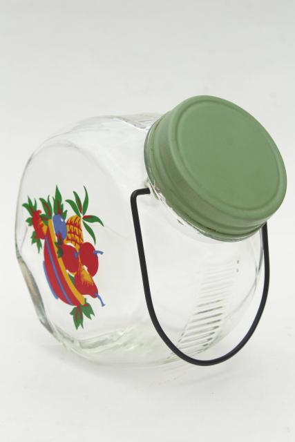 photo of vintage glass jar kitchen canister w/ wire handle, retro fruit decal, jadite green lid #5