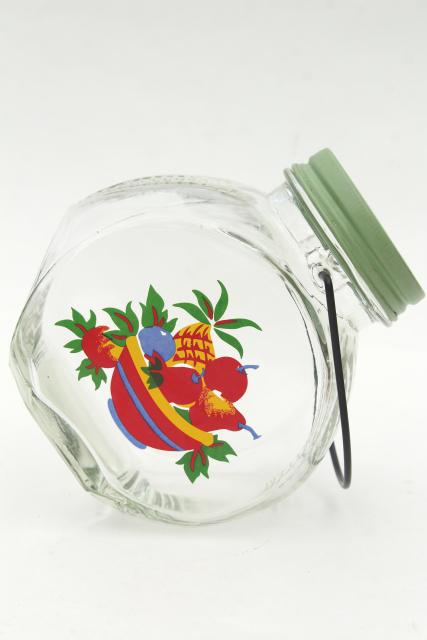 photo of vintage glass jar kitchen canister w/ wire handle, retro fruit decal, jadite green lid #6