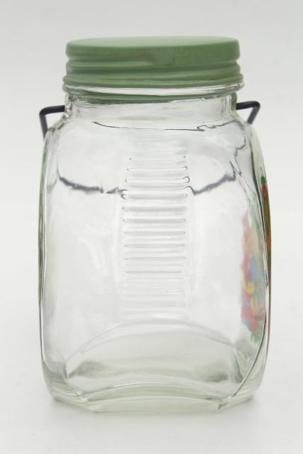 photo of vintage glass jar kitchen canister w/ wire handle, retro fruit decal, jadite green lid #8