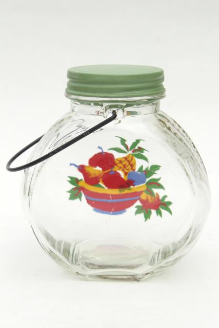 photo of vintage glass jar kitchen canister w/ wire handle, retro fruit decal, jadite green lid #9