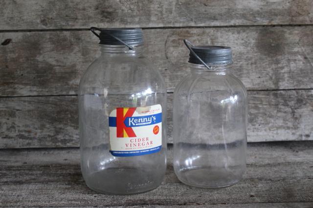 photo of vintage glass jars w/ wire bail handles, primitive old vinegar bottles w/ paper label #1