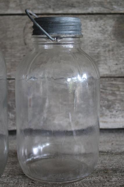photo of vintage glass jars w/ wire bail handles, primitive old vinegar bottles w/ paper label #3