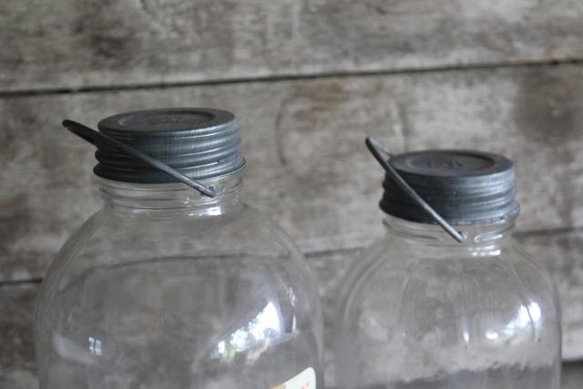 photo of vintage glass jars w/ wire bail handles, primitive old vinegar bottles w/ paper label #4